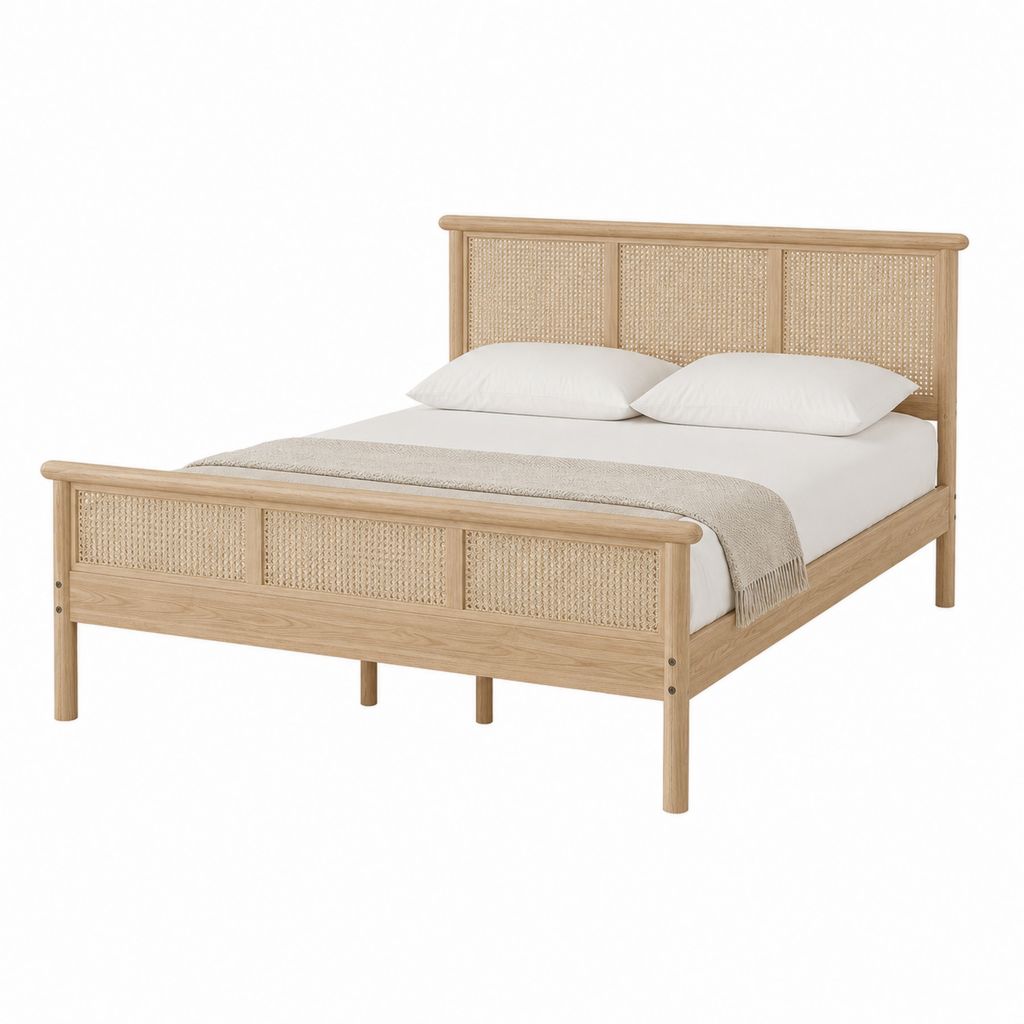 Lit double 160 x 200 cm naturel en bois massif d'hévéa et cannage de rotin