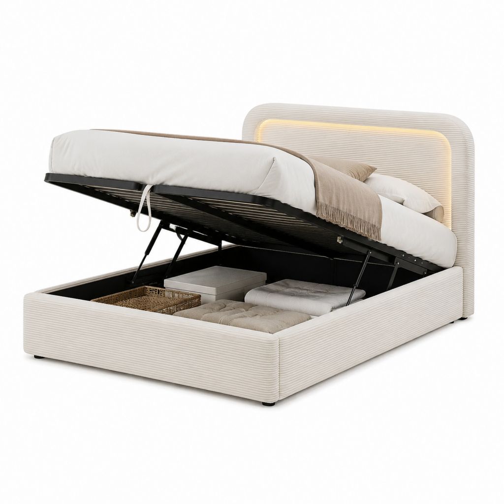 Lit coffre 160 x 200 cm beige en polyester avec tête de lit lumineuse et sommier relevable