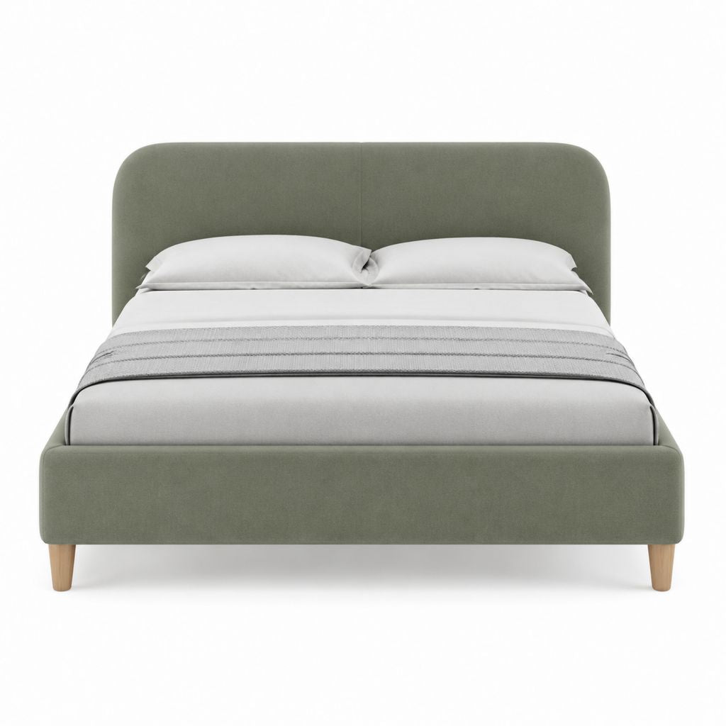 Lit double capitonné vert olive en velours de polyester 160 x 200 cm avec cadre et tête de lit arrondie
