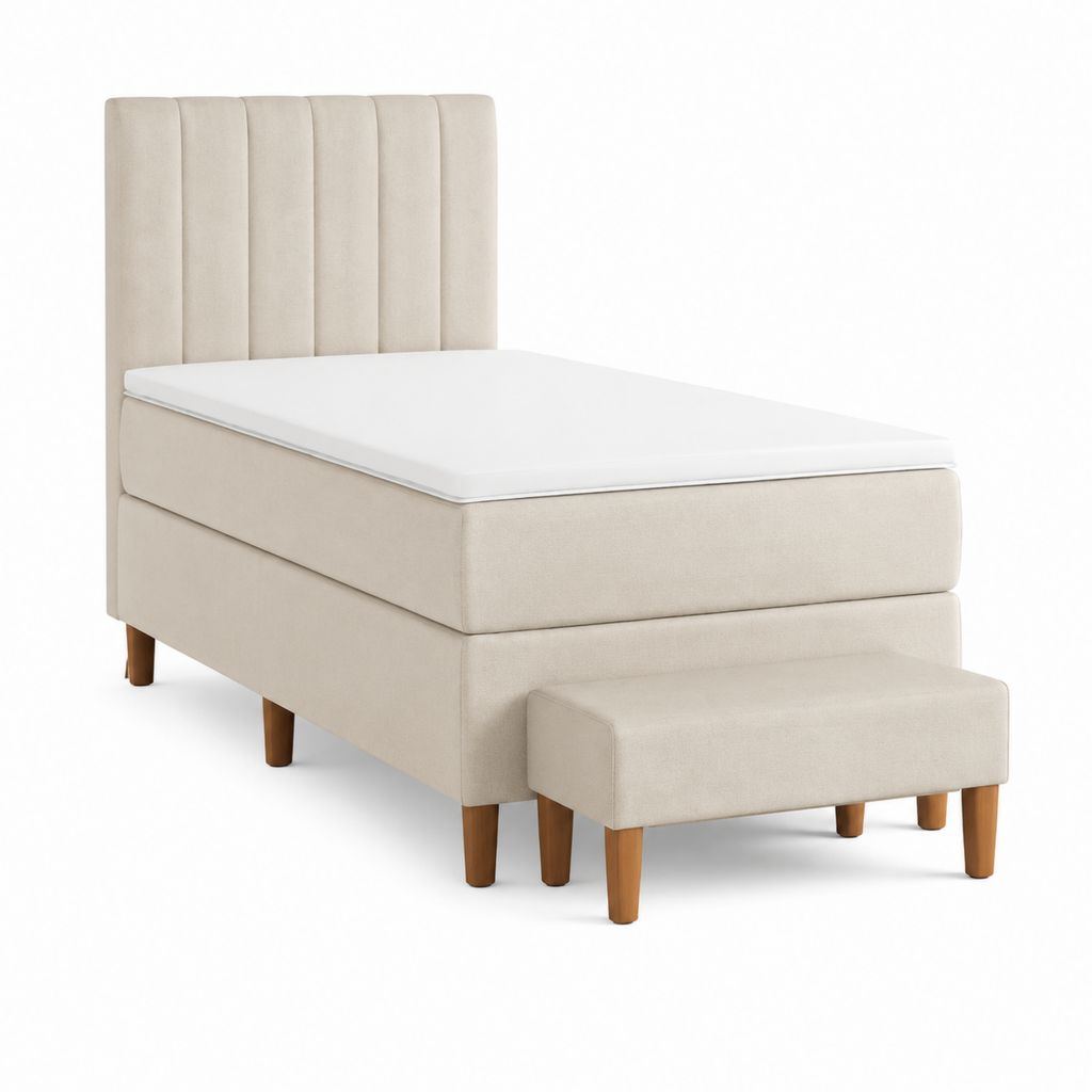 Lit simple capitonné beige en velours polyester avec matelas et banc 90 x 200 cm