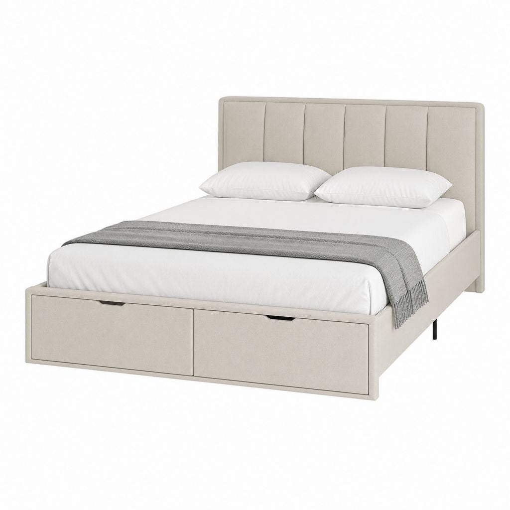Lit double avec 2 tiroirs beige en polyester et MDF 160 x 200 cm