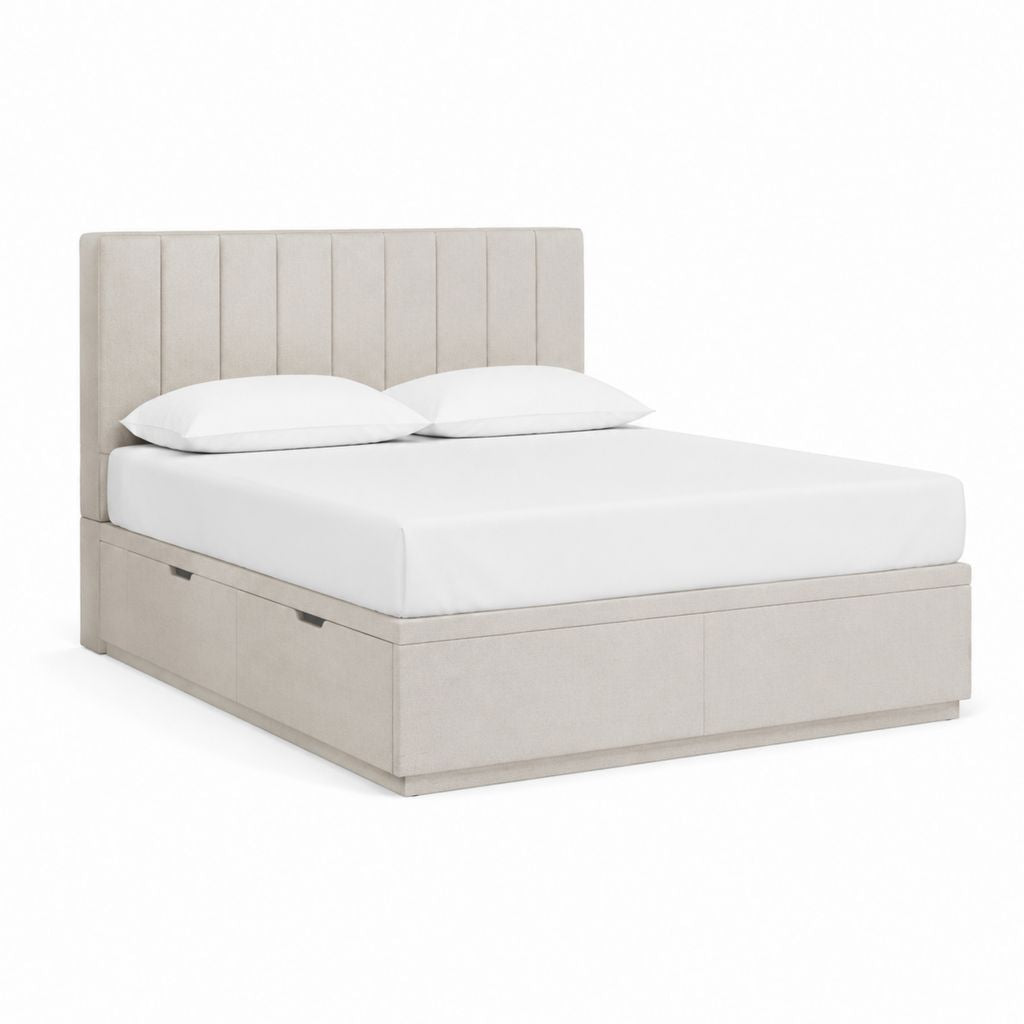Lit avec rangement 160 x 200 cm beige en polyester avec tête de lit capitonnée et 2 tiroirs