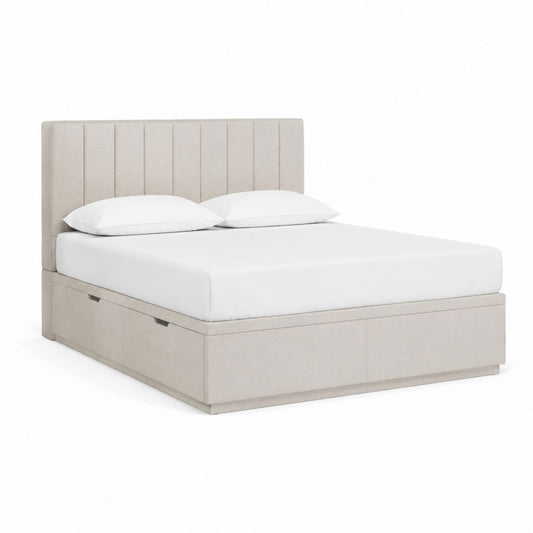 Lit avec rangement 160 x 200 cm beige en polyester avec tête de lit capitonnée et 2 tiroirs