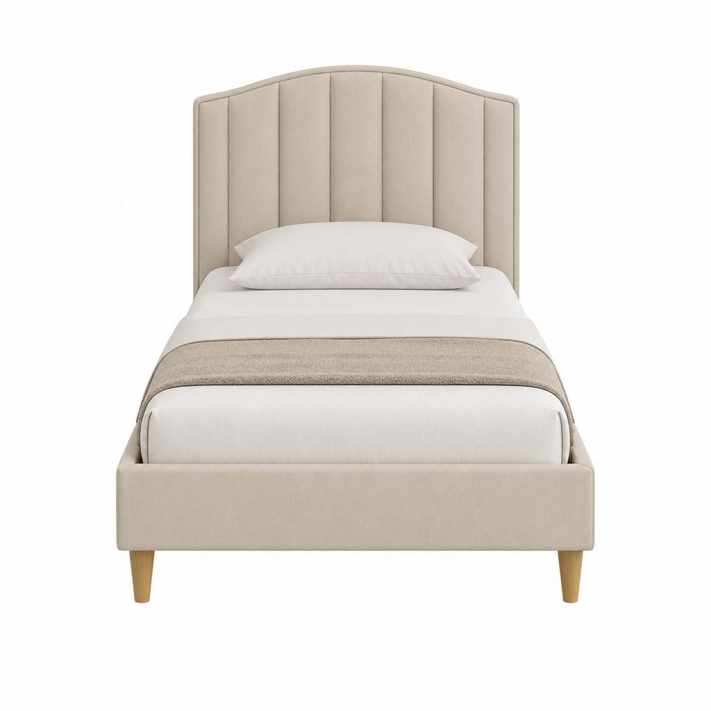 Lit simple 90 x 190 cm beige en polyester avec tête de lit capitonnée et pieds en bois massif