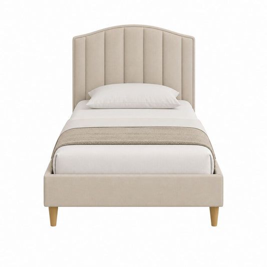 Lit simple 90 x 190 cm beige en polyester avec tête de lit capitonnée et pieds en bois massif
