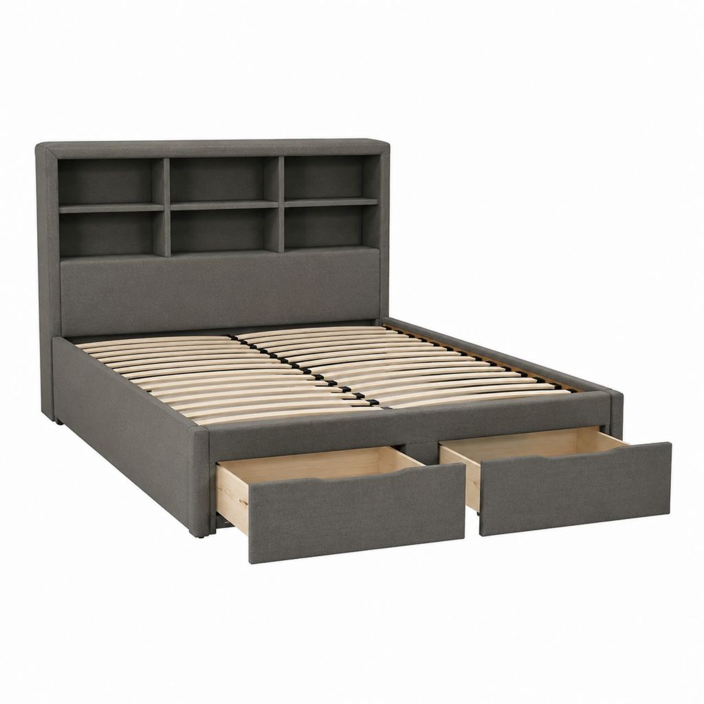 Lit coffre avec rangement gris en polyester 160 x 200 cm avec tête de lit à étagères et 2 tiroirs