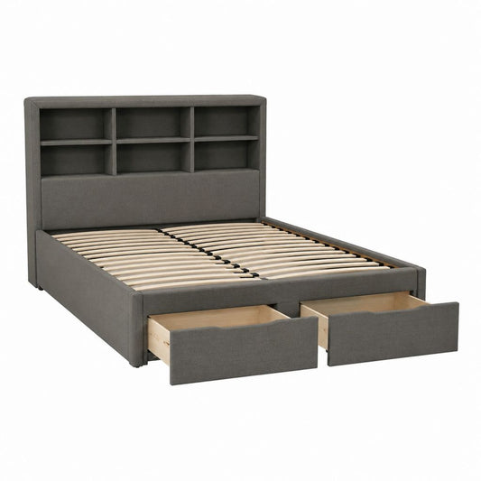Lit coffre avec rangement gris en polyester 160 x 200 cm avec tête de lit à étagères et 2 tiroirs
