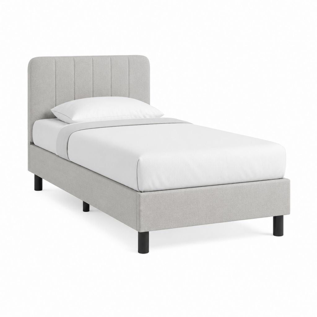 Lit simple 90 x 190 cm gris clair en polyester avec tête de lit capitonnée