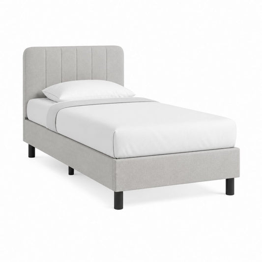 Lit simple 90 x 190 cm gris clair en polyester avec tête de lit capitonnée