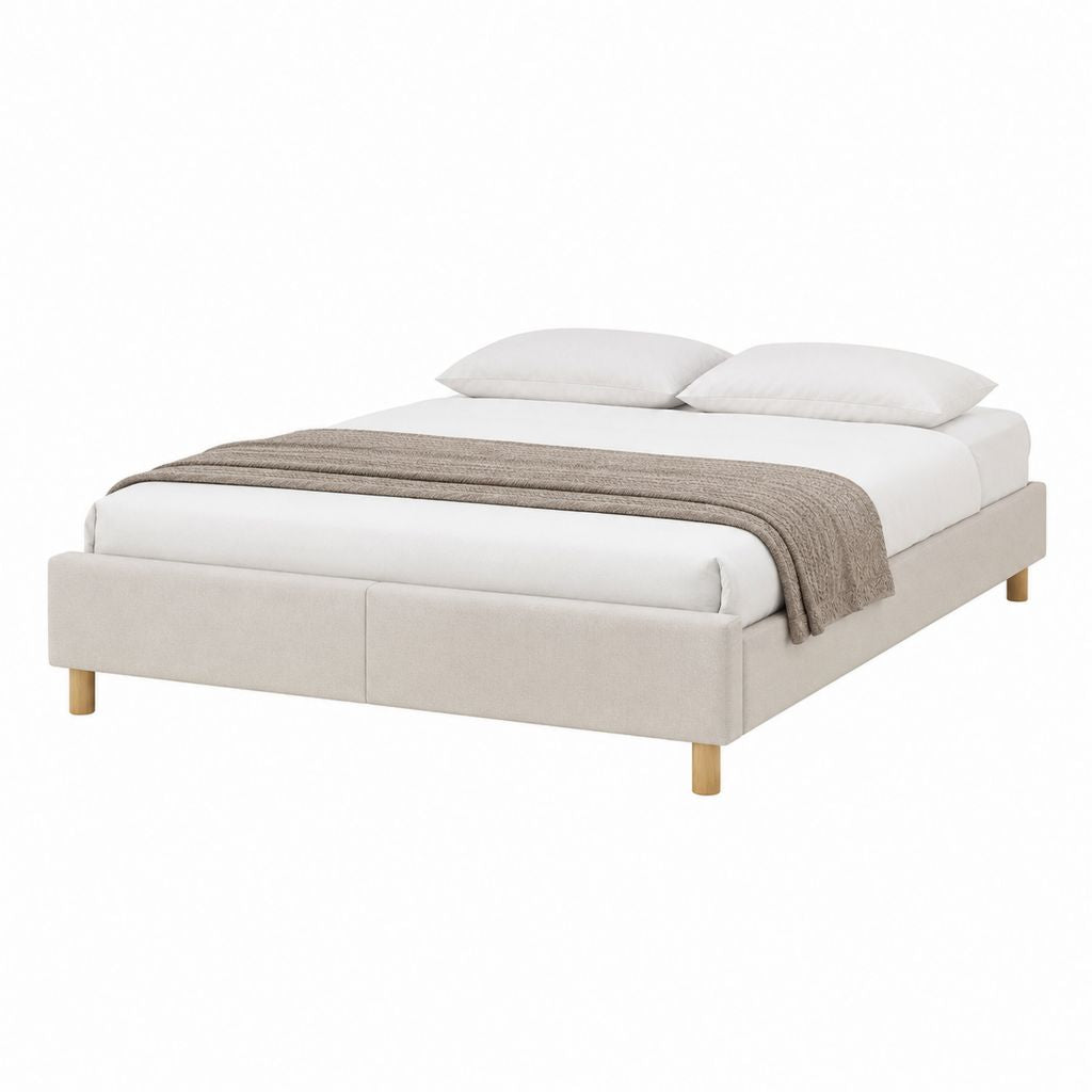 Cadre de lit double beige en polyester avec pieds en pin massif 160 x 200 cm