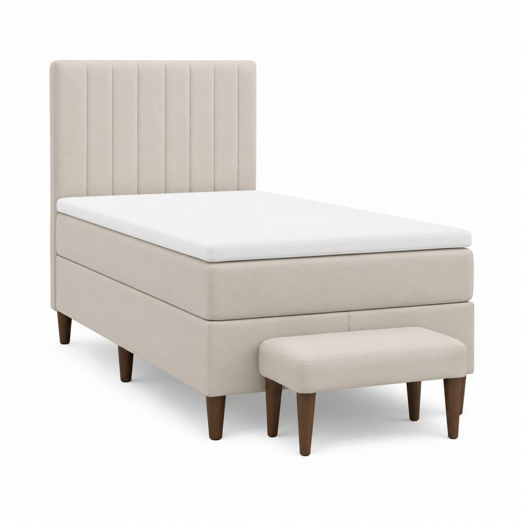 Lit simple capitonné beige en polyester avec matelas 90 x 190 cm et repose-pieds