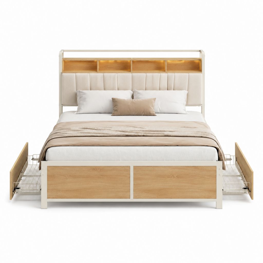 Lit double avec rangement beige et décor chêne 160 x 200 cm