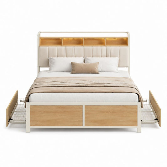 Lit double avec rangement beige et décor chêne 160 x 200 cm