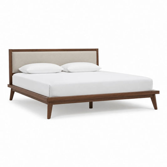 Cadre de lit double 160 x 200 cm noyer massif et polyester beige avec tête de lit rembourrée
