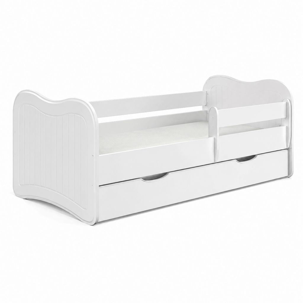 Lit enfant avec barrières et tiroir blanc rectangulaire en pin massif et MDF 145 x 76 x 65 cm couchage 140 x 70 cm