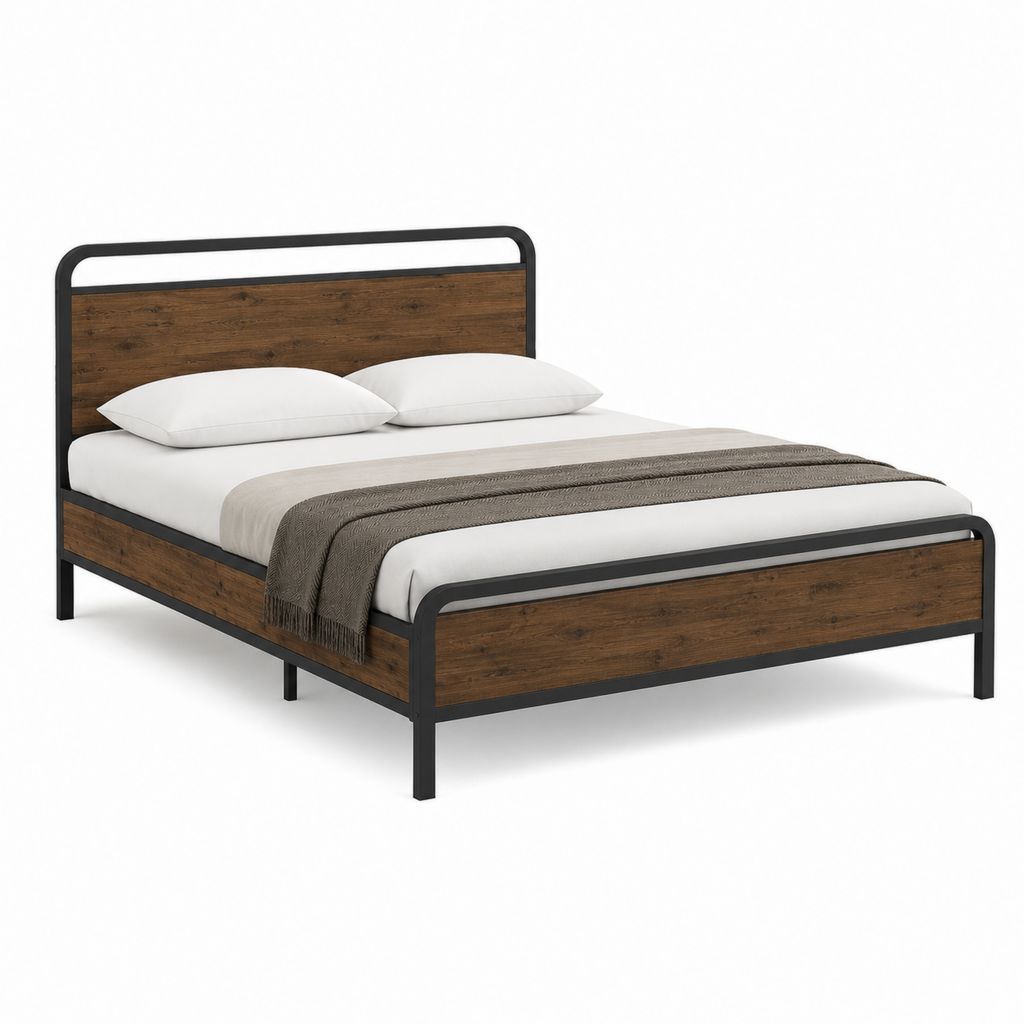 Cadre de lit double 160 x 200 cm marron et noir en acier et panneaux MDF