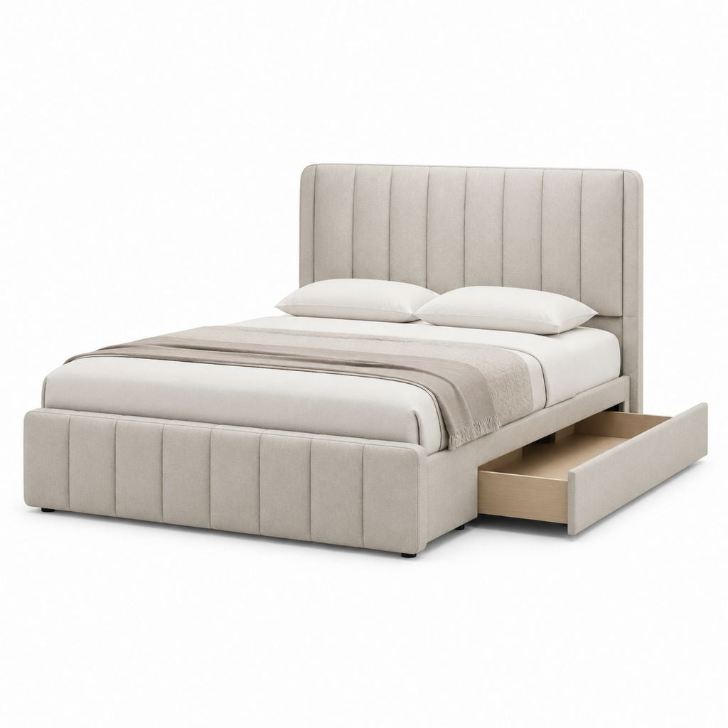 Lit double 160 x 200 cm avec tiroir de rangement beige en polyester rectangulaire