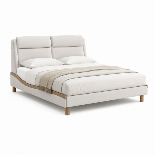 Lit double capitonné beige en polyester avec cadre en bois massif 160 x 200 cm