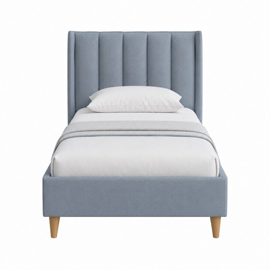 Lit une place rectangulaire bleu gris en polyester avec pieds en bois massif 90 x 190 cm