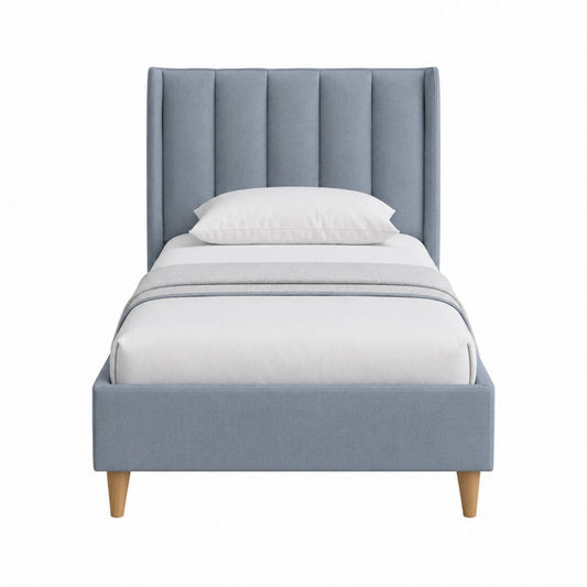Lit une place rectangulaire bleu gris en polyester avec pieds en bois massif 90 x 190 cm