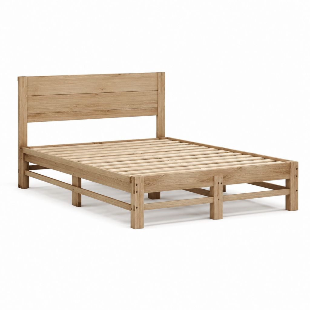 Lit double en bois d'hévéa massif naturel 160 x 200 cm avec sommier à lattes