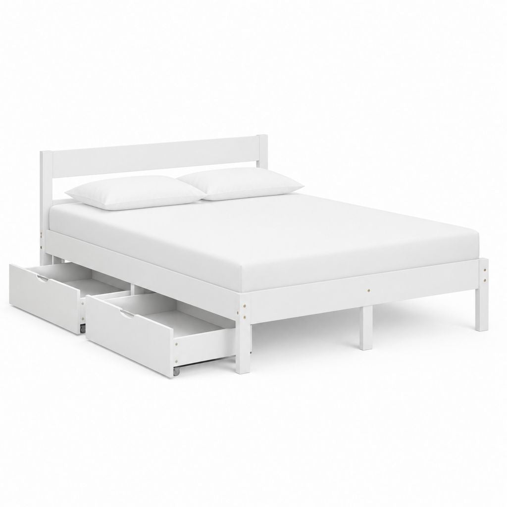 Lit double avec rangement blanc en pin massif rectangulaire 140 x 190 cm