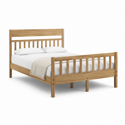 Cadre de lit double en bois massif d'hévéa marron naturel 140 x 190 cm
