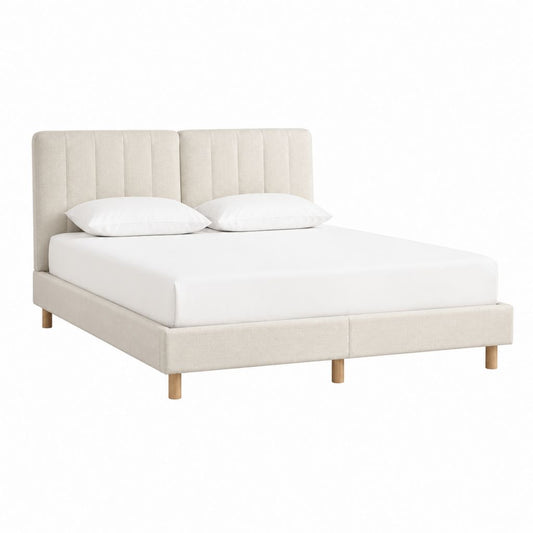 Lit double avec cadre beige en polyester et pieds en hévéa massif 160 x 200 cm