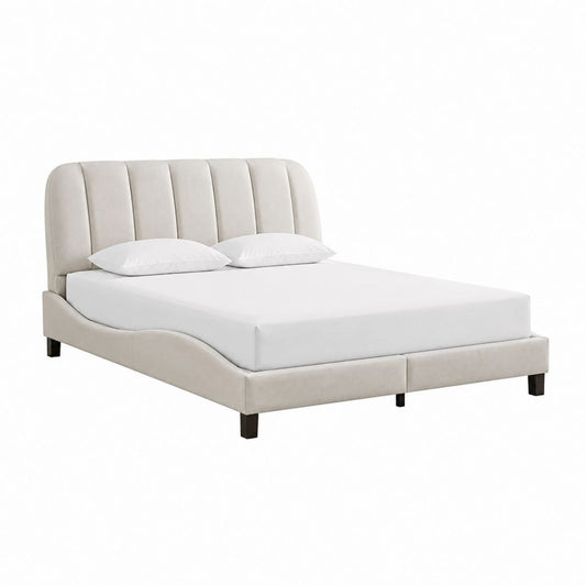 Lit double capitonné beige en polyester 160 x 200 cm avec tête de lit arrondie