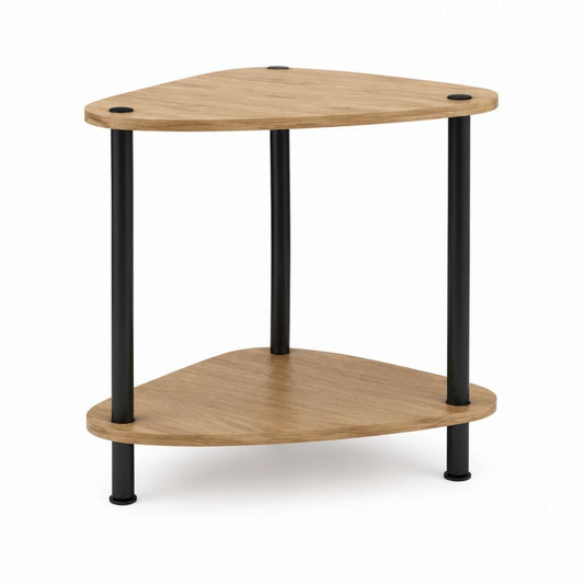 Table d'appoint à 2 niveaux chêne clair et acier noir forme triangulaire arrondie 60 x 40 x 70 cm